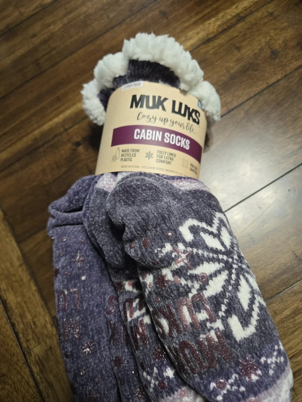 MUK LUKS Purple Patterned Cozy Cabin Socks with Sherpa Cuff
